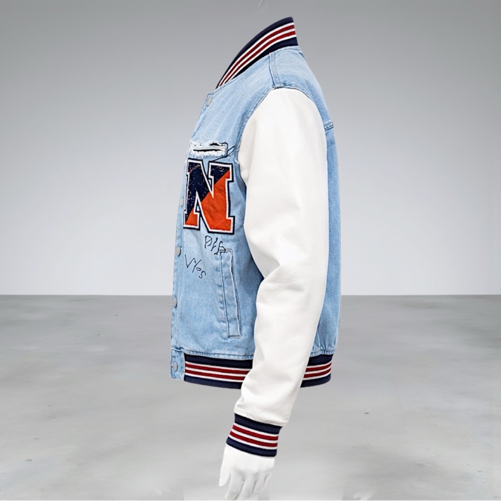 Fashion Nova Men’s Light Blue & White Graffiti Denim Varsity Jacket - Picture 6 of 13